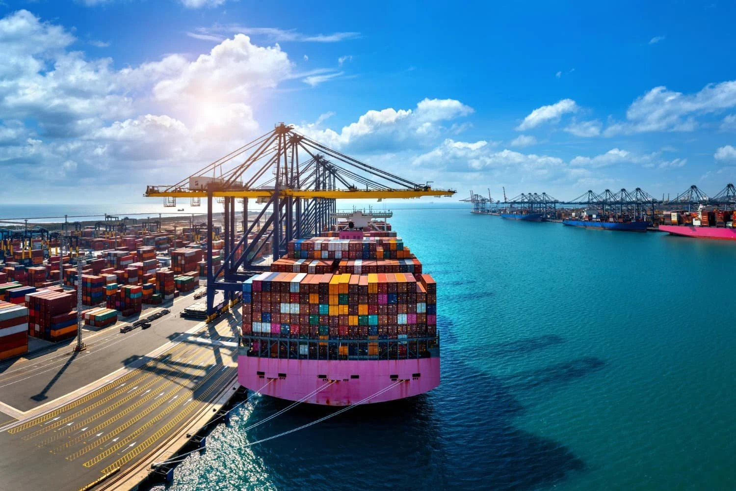 Container ship being loaded for sea freight from Dubai